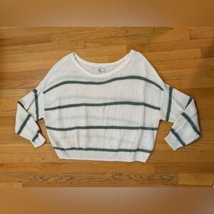 Hollister White and Green Striped Crew Neck Sweater
